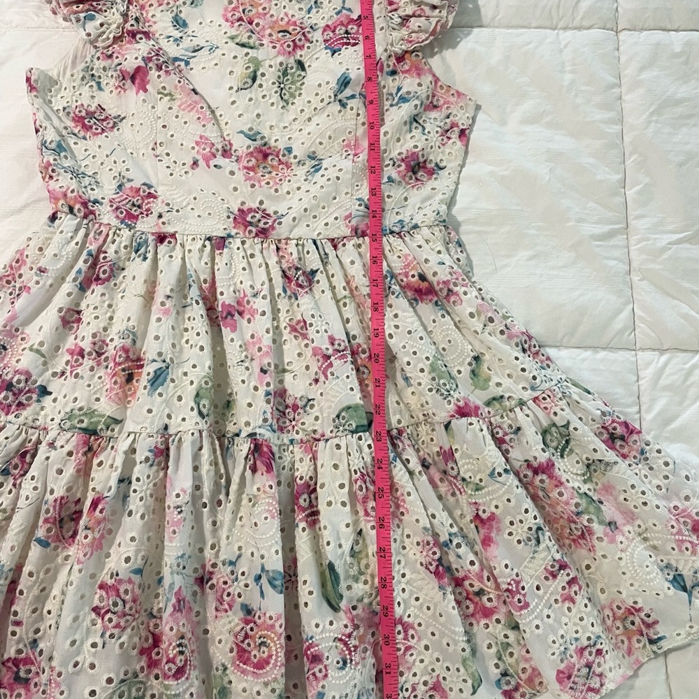 Aqua Eyelet Floral Tiered Mini Dress Ruffle Sleeves Demure Romantic SZ L EUC - Picture 10 of 10